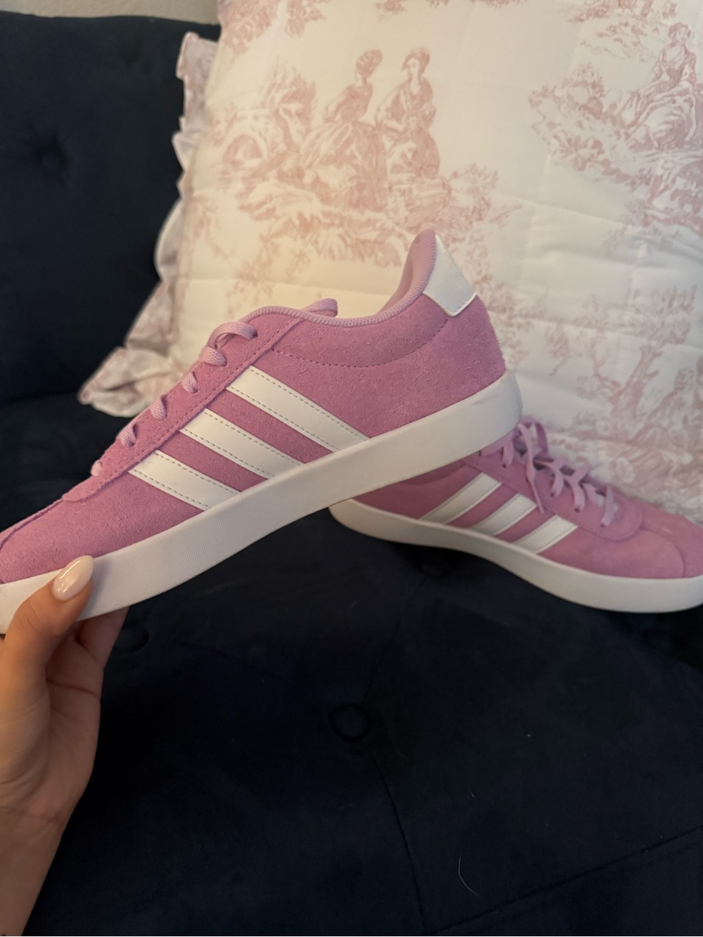 adidas Women's Pink Suede Low-Top Sneakers with White Stripes